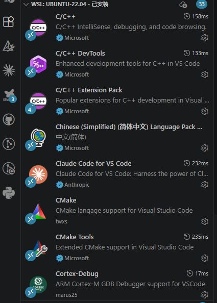 Extensions installed in WSL